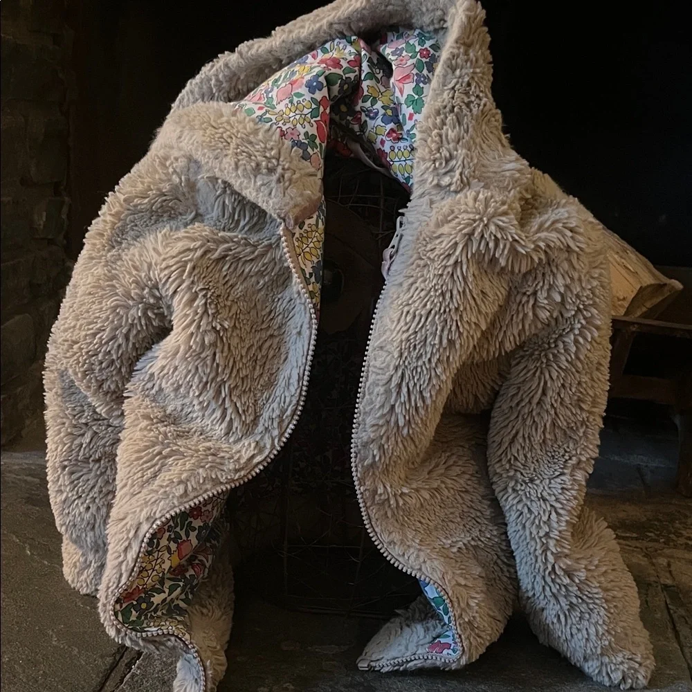 Mini Boden Beige sherpa Jacket with Colorful Floral Lining